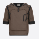 Gilet militare in tela di lana e mohair marrone con dettaglio di tasche con zip