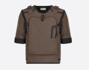 Gilet militare in tela di lana e mohair marrone con dettaglio di tasche con zip