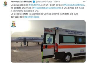 Neonata trasportata con un Falcon da Comiso a Roma, al Bambin Gesù