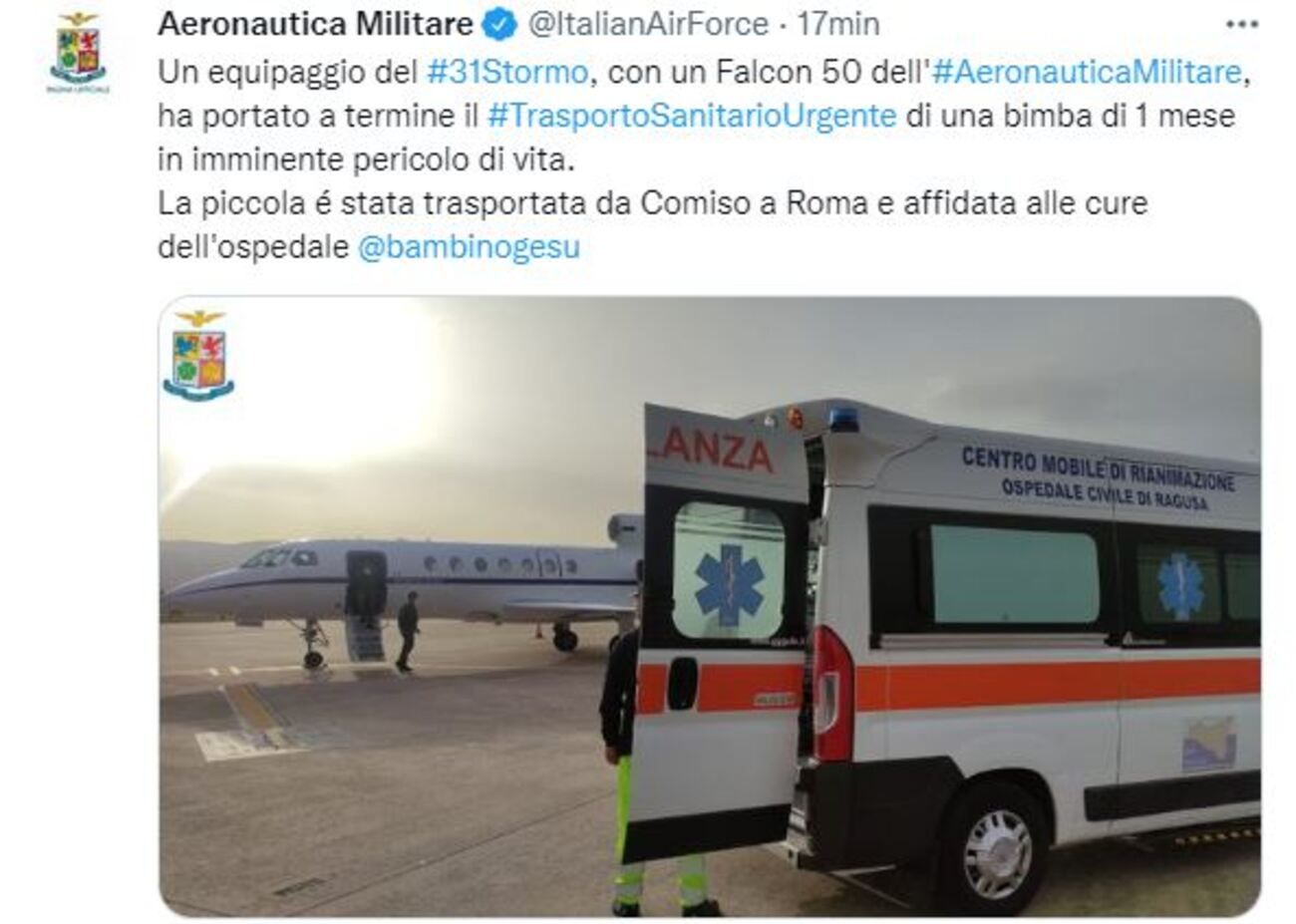 Neonata trasportata con un Falcon da Comiso a Roma, al Bambin Gesù