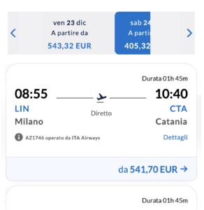 Rientri natalizi, 541 euro un volo Milano-Catania, 509 euro un Roma-Catania