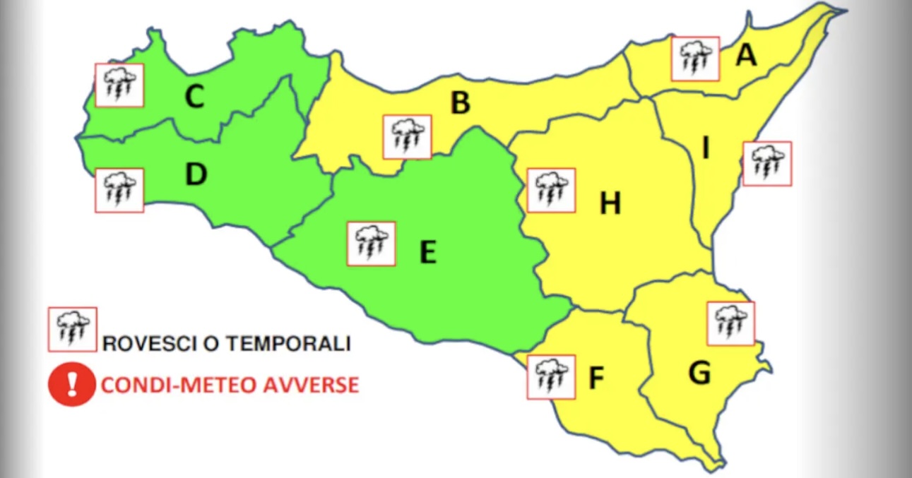 Allerta meteo gialla per piogge e venti forti in mezza Sicilia