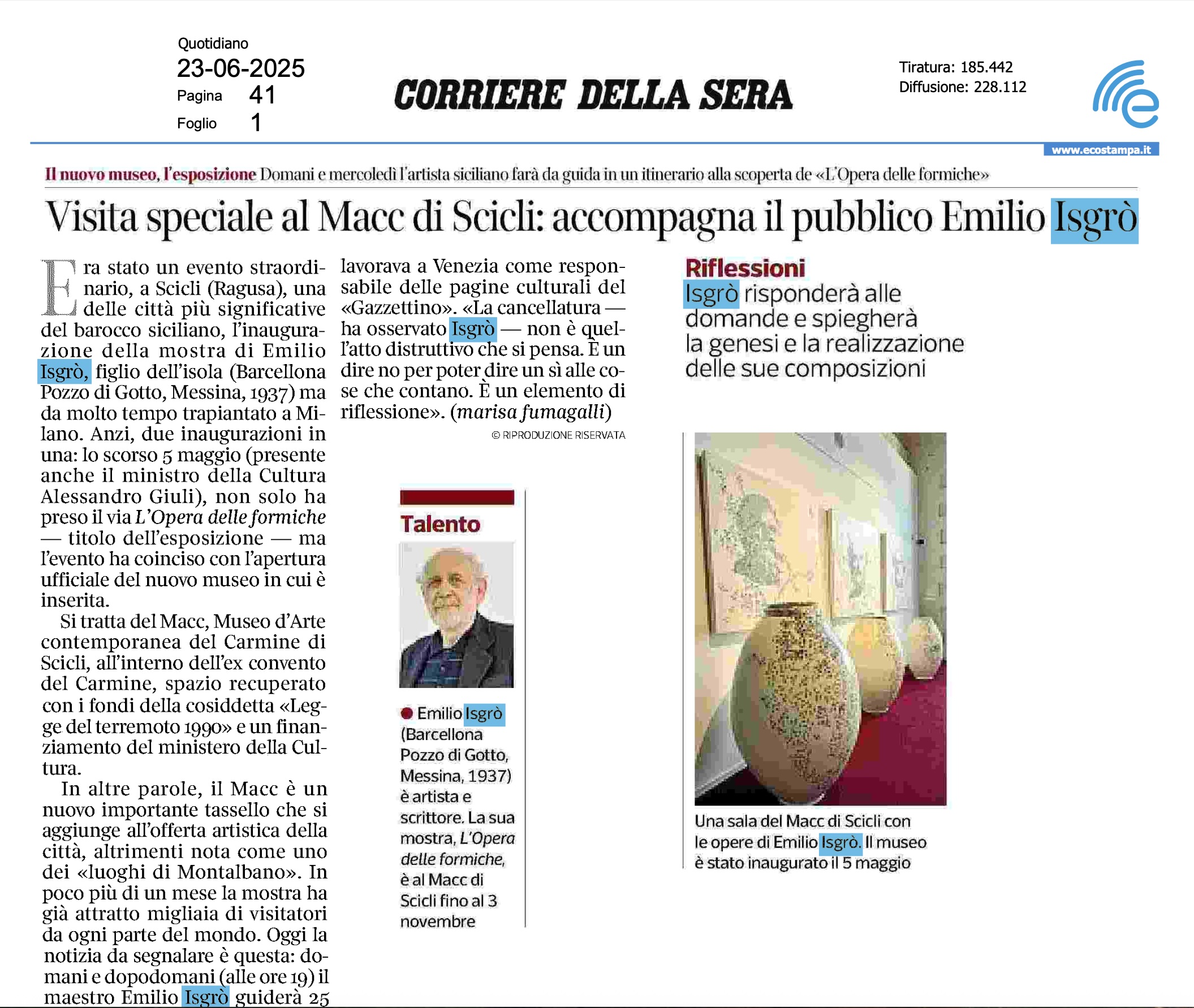 Corriere della Sera: “Visita speciale al Macc di Scicli: accompagna il pubblico Emilio Isgrò”