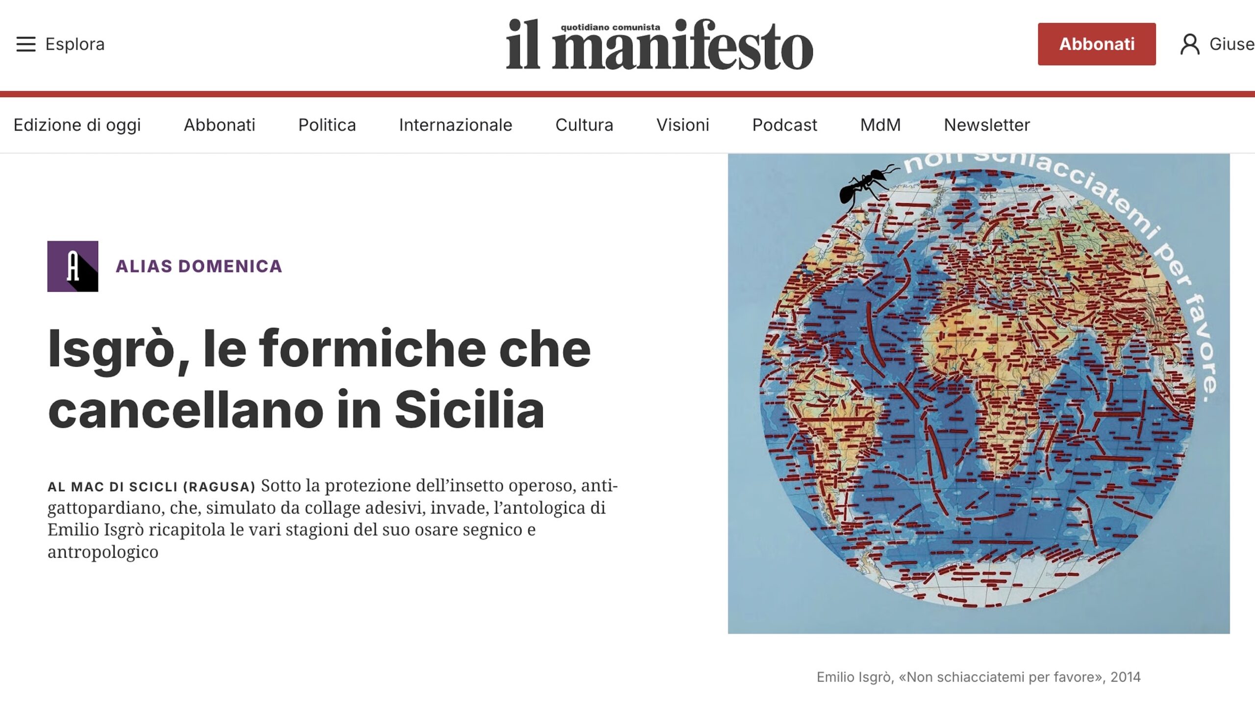 L’opera delle Formiche di Emilio Isgrò al MACC su Il Manifesto