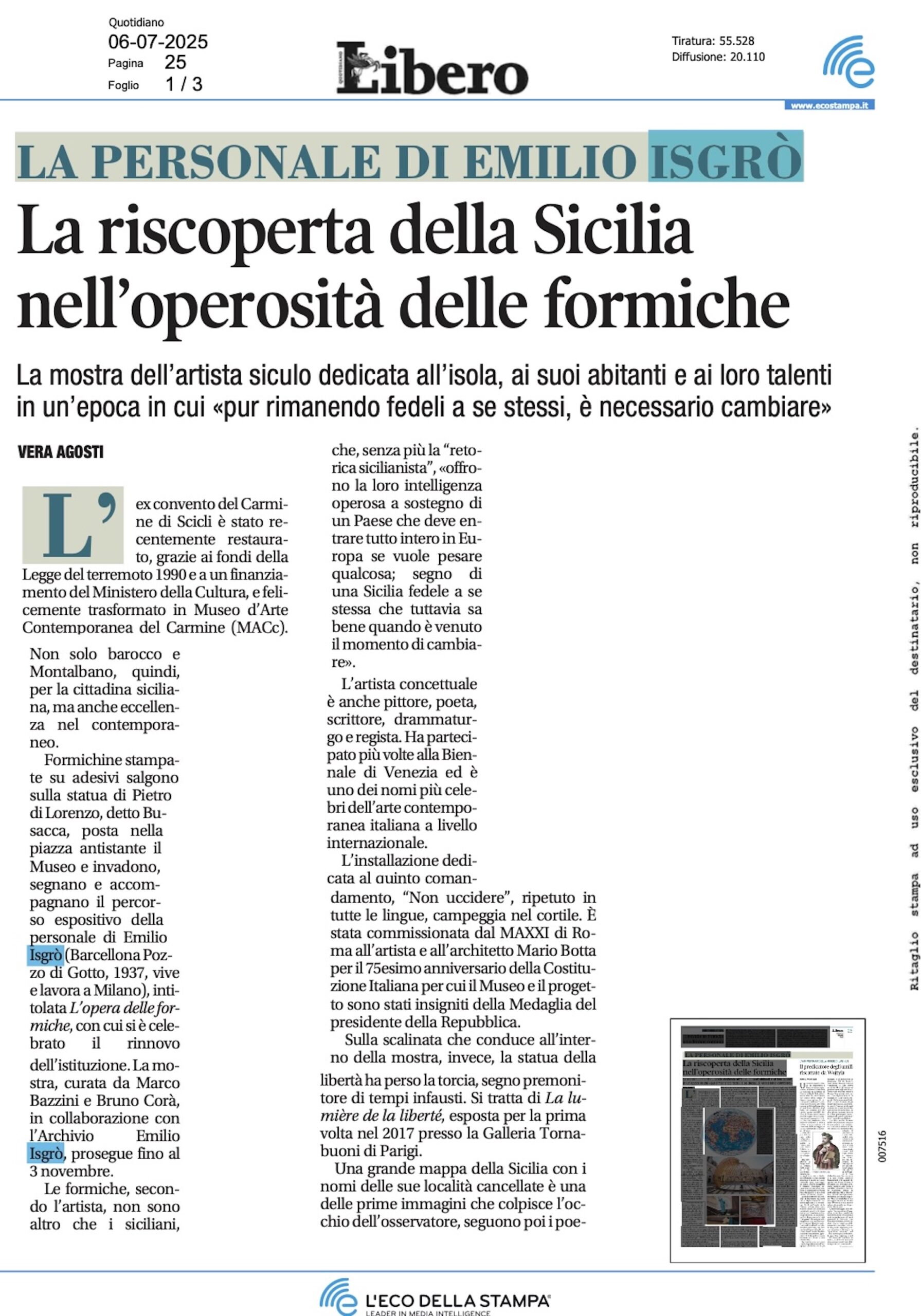 Il quotidiano Libero promuove L’Opera delle formiche di Emilio Isgrò al MACC di Scicli
