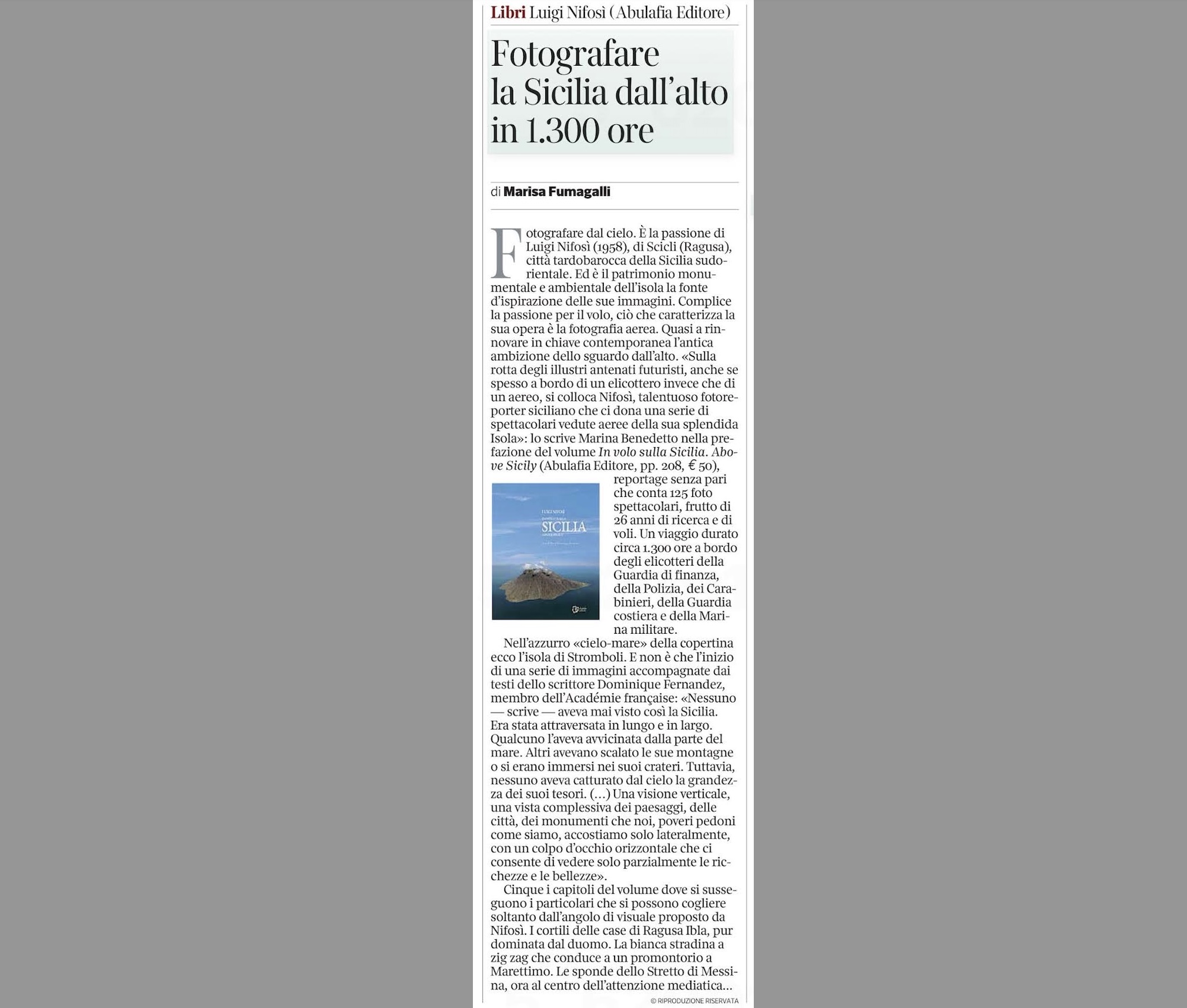 Libri, In volo sulla Sicilia di Luigi Nifosì recensito dal Corriere della Sera